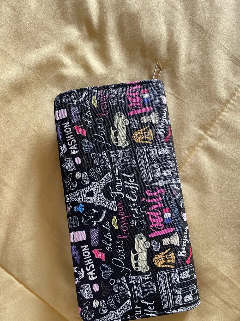 Paris Print Zip Wallet — Black with Pink & Multicolor Accents